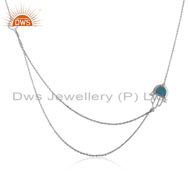 Blue chalcedony set hamsa pendant and fine silver necklace