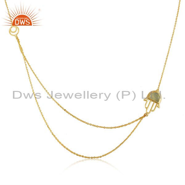 Designer hamsa necklace in gold over silver with prenhite chalcedony