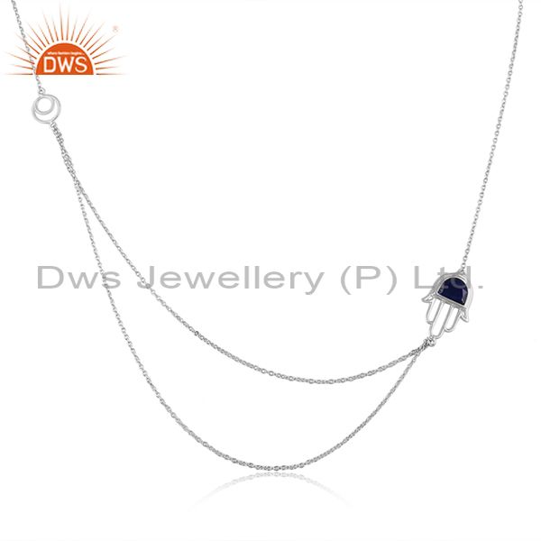 Lapis Moon Set Hamsa 925 Silver Double Chain Necklace