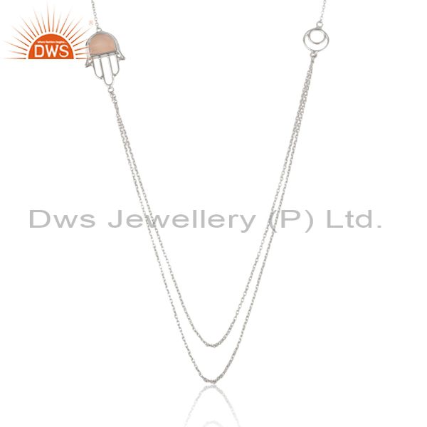 Rose chalcedony set hamsa pendant and fine silver necklace