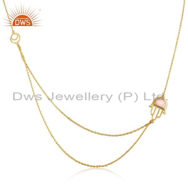 Rose chlacedony designer hamsa two row necklace in gold over silver