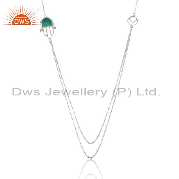 Green onyx hamsa pendant and fine 925 silver double necklace