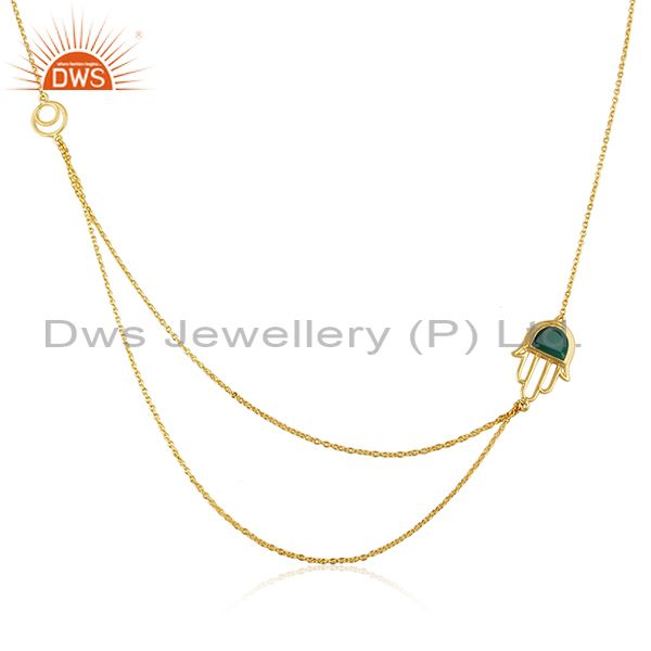 Designer hamsa hand green onyx gold over silver two row necklace