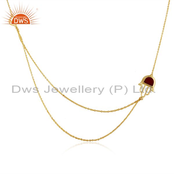 Red onyx hamsa pendant gold on silver double chain necklace