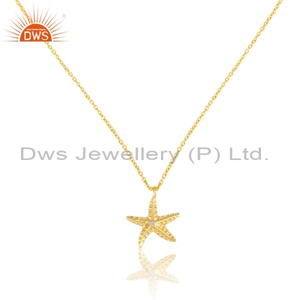 Cz Set Star Pendant With Gold On 925 Sterling Silver Chain