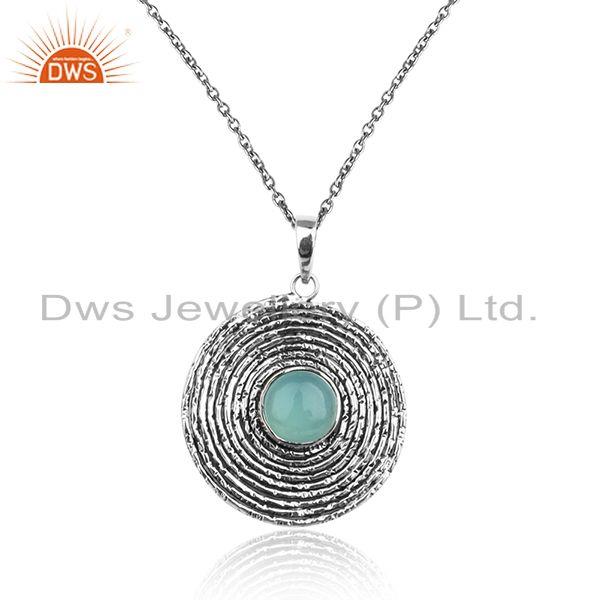 Round designer oxidized 925 sterling silver aqua chalcedony pendant
