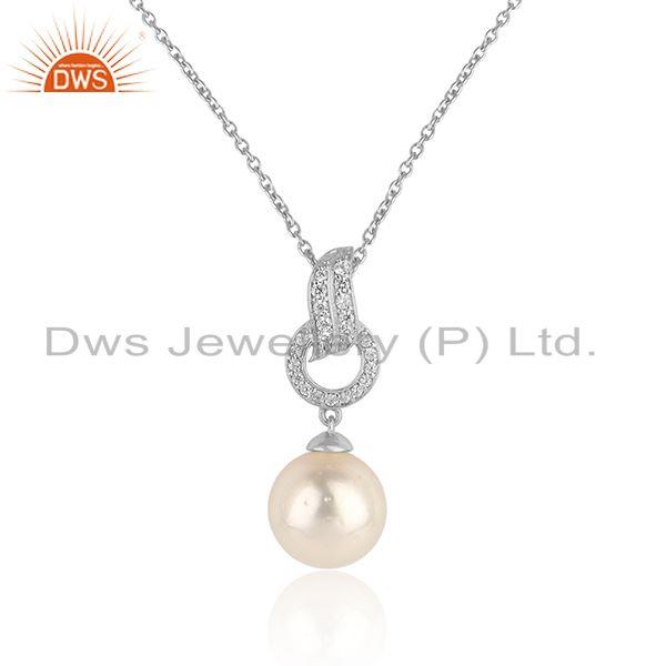 Zircon pearl gemstone white rhodium plated silver chain pendant