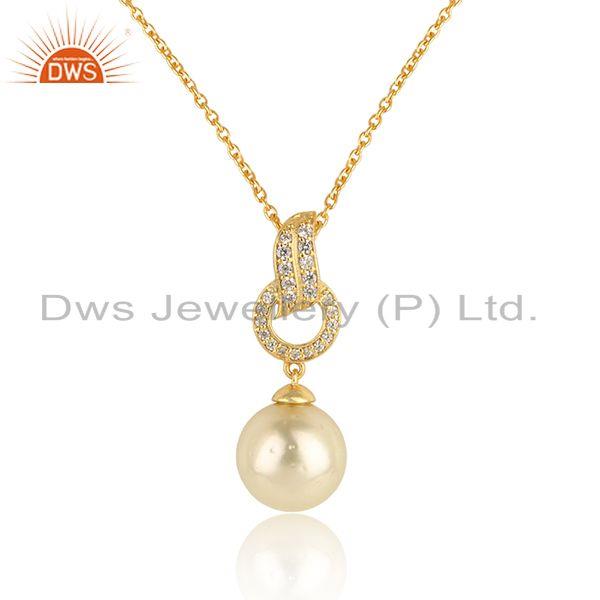 Cz natural pearl gemstone designer gold plated 925 silver pendant
