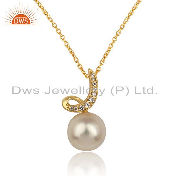 Cz natural pearl gemstone gold plated 925 silver chain pendant