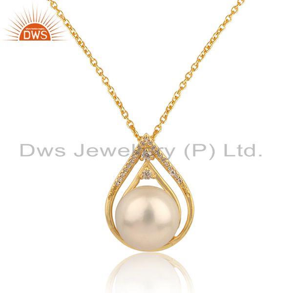 Cz pearl gemstone handmade 18k gold plated silver chain pendant
