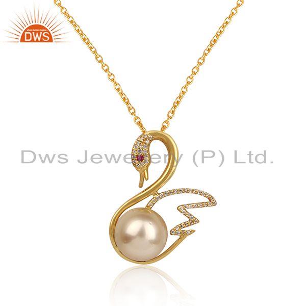 Swan design gold plated silver cz pearl gemstone chain pendant