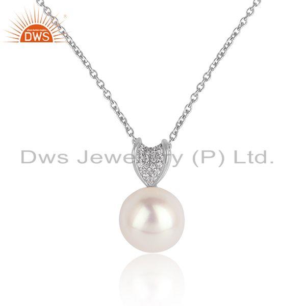 Cz pearl gemstone white rhdoium plated silver chain pendants