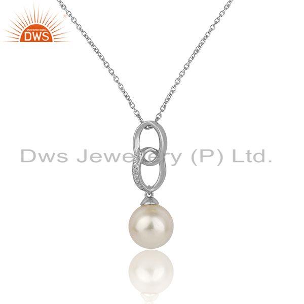 Designer cz pearl gemstone white rhodium plated silver pendant