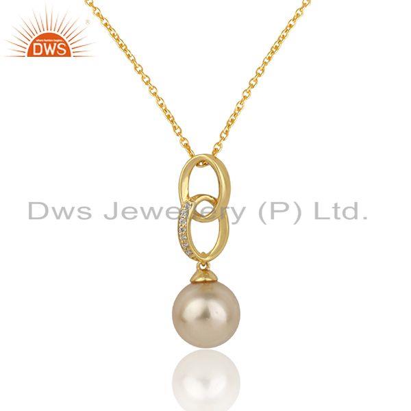 Womens pearl gemstone designer gold plated silver chain pendant