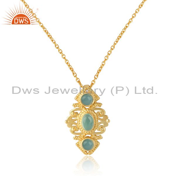 Bohemian Necklace in Yellow Gold on Silver with Aqua Chlacedony Wholesale