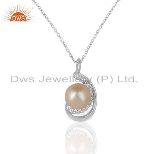 Designer necklace adorn with pearl and cz in rhodium on silver