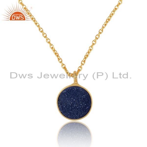 Elegant blue druzy pendant necklace in yelow gold on silver 925