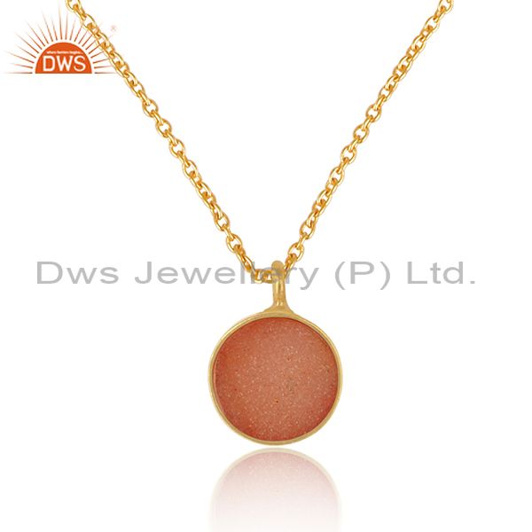 Elegant orange druzy pendant necklace in yelow gold on silver 925