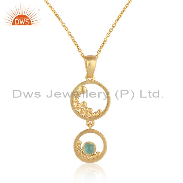 Handmade double dangle aqua chalcedony necklace in gold on silver