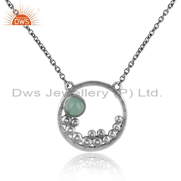 Designer zig zag granule aqua chalcedony necklace in oxidized silver
