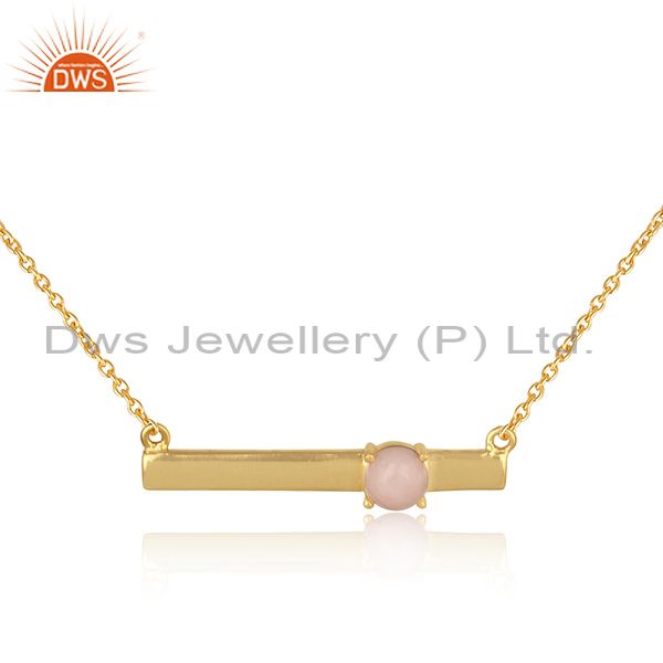 Handmade Dainty 18K Gold on Silver Bar Necklace with Pink Opal Exporter