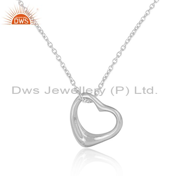 Designer dainty heart pendant necklace in white rhodium on silver