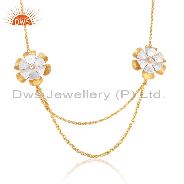 Cz Floral Pendants And Gold On Silver Double Chain Necklace