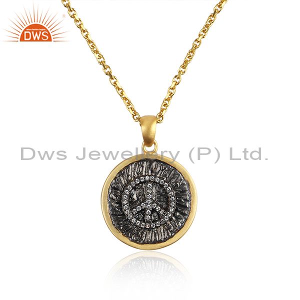 Cubic Zirconia Engraved Pendant And Silver Gold Necklace