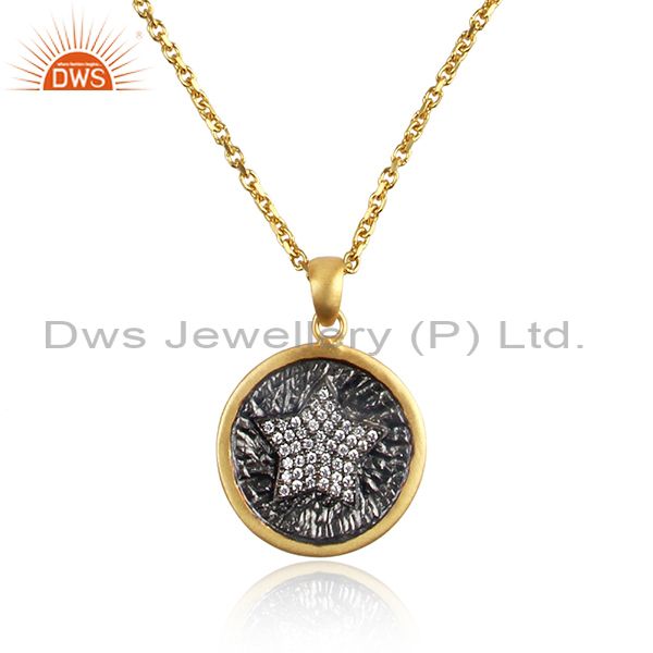 Cubic Zirconia Set Pendant And Silver Gold Plated Necklace