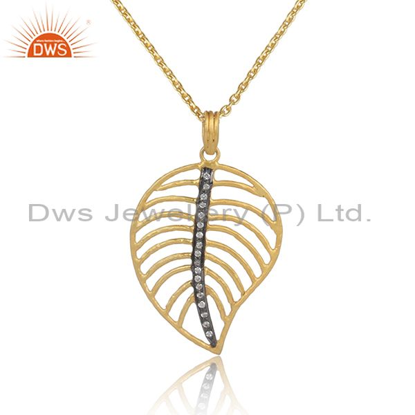Leaf Shaped Cz Pendant And Gold On Silver Statement Necklace