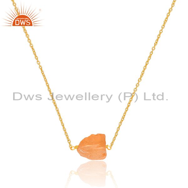 Rough Cut Citrine Set 18k Gold On Silver Pendant And Chain