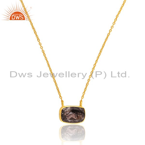 Black Rutile Set Pendant And Set 18K Gold On Silver Chain