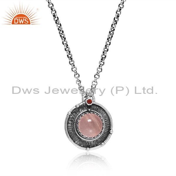 Oxidized Silver Pendant & Necklace With Garnet & Rose Quartz