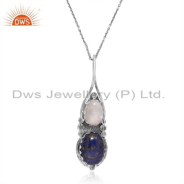 Silver Chain And Pendant With Lapis And Rainbow Moonstone