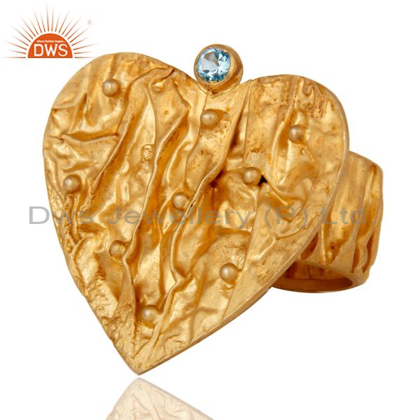 Exporter 18K Gold Plated 925 Silver Blue Topaz Gemstone Heart Designer Handmade Ring