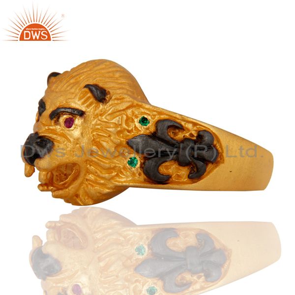 Exporter Genuine Cubic Zirconia Sterling Silver Gold Plated Lion Head Mens Ring Jewelry
