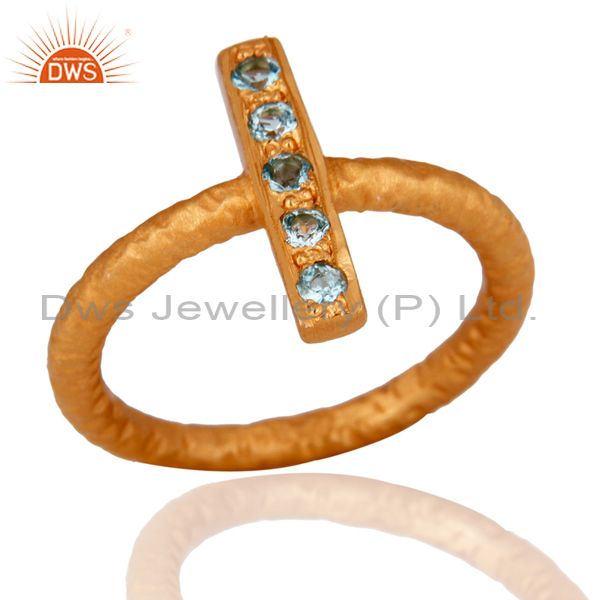 Exporter 18K Gold Plated Sterling Silver Blue Topaz Designer Hammered Band Ring