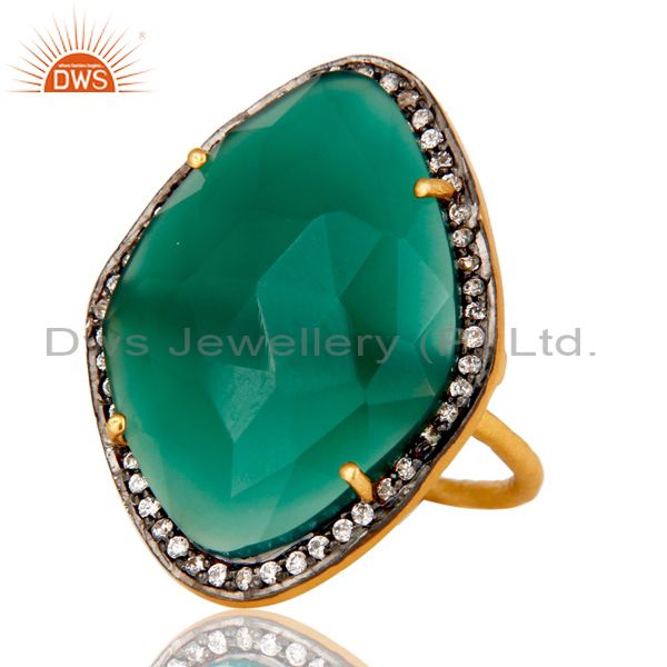 Exporter Natural Faceted Green Onyx Gemstone & CZ Sterling Silver Ring With Gold Plated