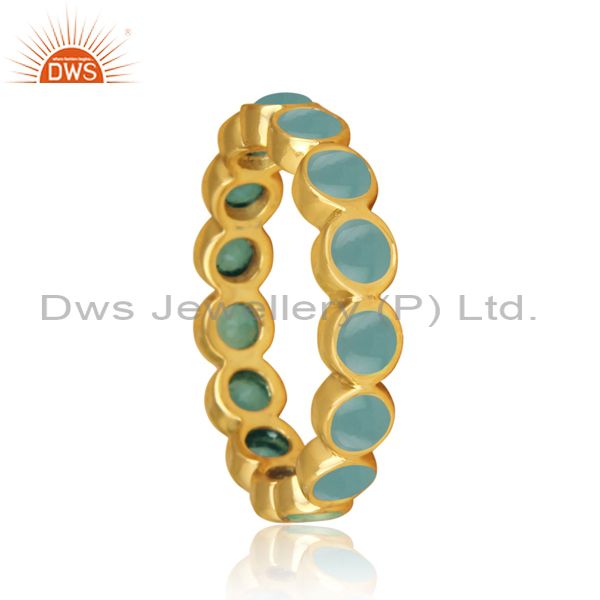 Exporter Designer Aqua Chalcedony Gemstone Gold Plated 925 Silver Band Ring