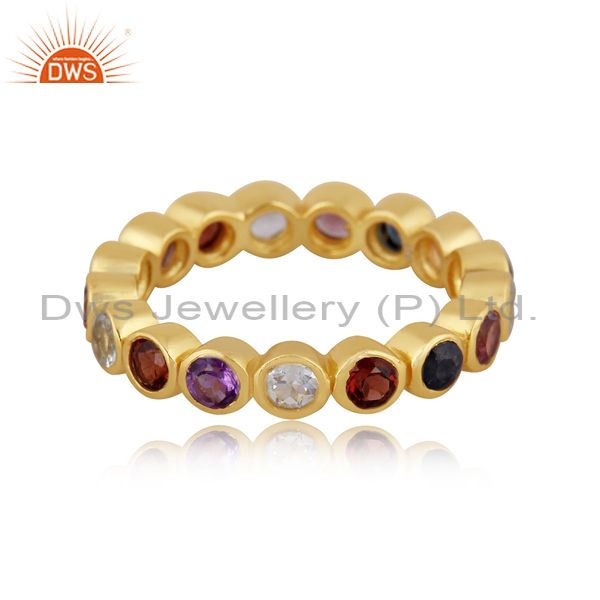 Exporter Multi Color Stone Yellow Gold Plated Silver Band Ring Jewelry