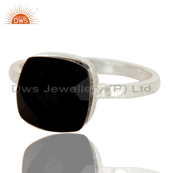 Exporter Handmade Sterling Silver Black Onyx Gemstone Bezel Set Hammered Band Ring
