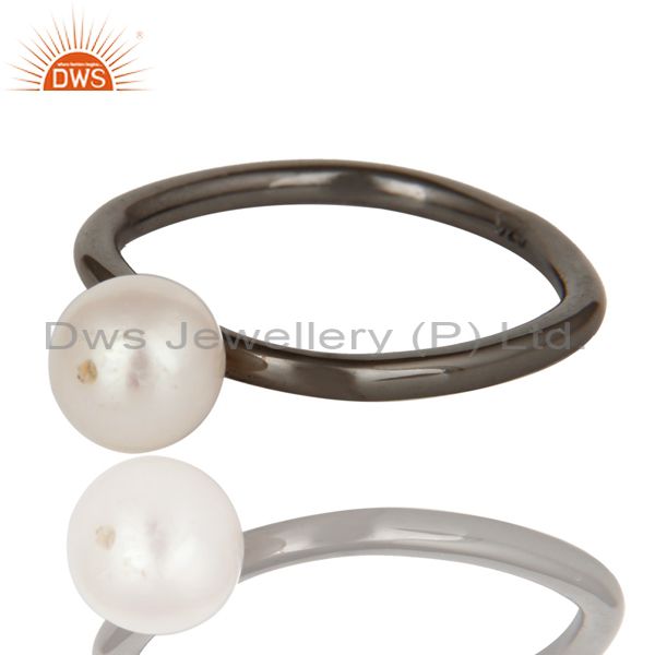 Exporter 925 Sterling Silver With Oxidized Natural White Pearl Stackable Ring