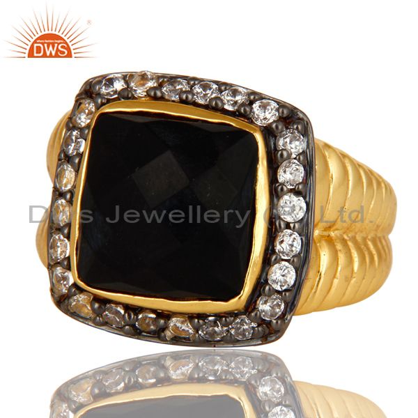 Exporter Shiny 14K Yellow Gold Plated Sterling Silver Black Onyx And CZ Cocktail Ring