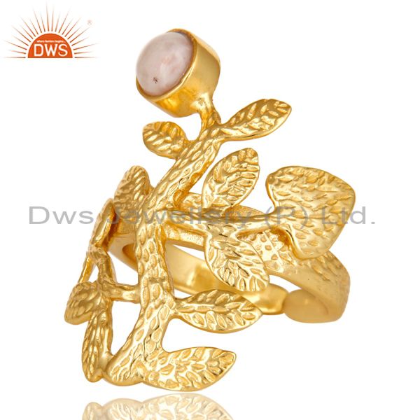 Exporter 14K Yellow Gold Plated Sterling Silver Pink Opal Textured Floral Designer Ring
