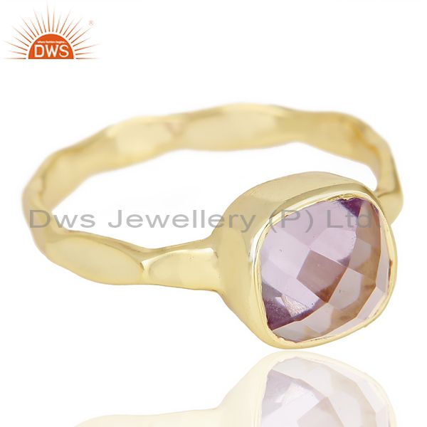 Exporter Natural Amethyst Cushion Shape Studded Gold Plated Hammered Silver Ring