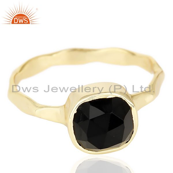 Exporter Black Onyx Cushion Shape Studded Gold Plated Hammered Ring  In Solid Silver