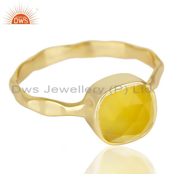 Exporter Yellow Chalcedony Cushion Shape Gold Plated Hammered Ring  In Solid Silver