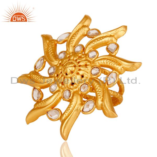 Exporter 18k Yellow Gold Plated Sterling Silver Flower Design Ring with White Zircon