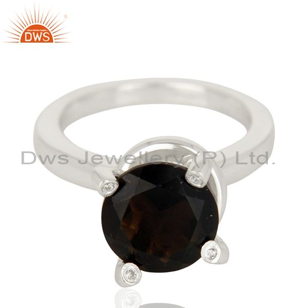 Exporter Smoky Quartz And CZ Stackable 925 Sterling Silver Prong Set Ring Jewelry