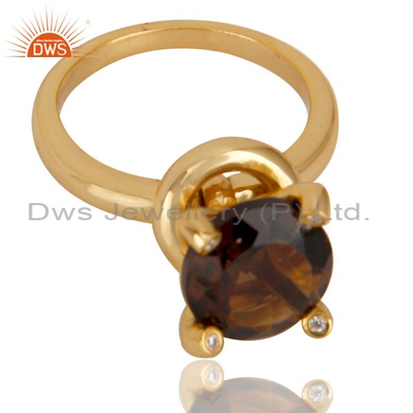 Exporter 14K Yellow Gold Plated 925 Sterling Silver Smokey Topaz & CZ Prong Set Ring
